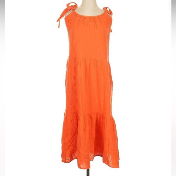 Xirena 100% Cotton Bright Orange Tie Shoulder Strap Tiered Maxi Dress Pockets Sm - Picture 1 of 8